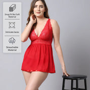 Babydoll Lacy Net V-Neck Dress - Red