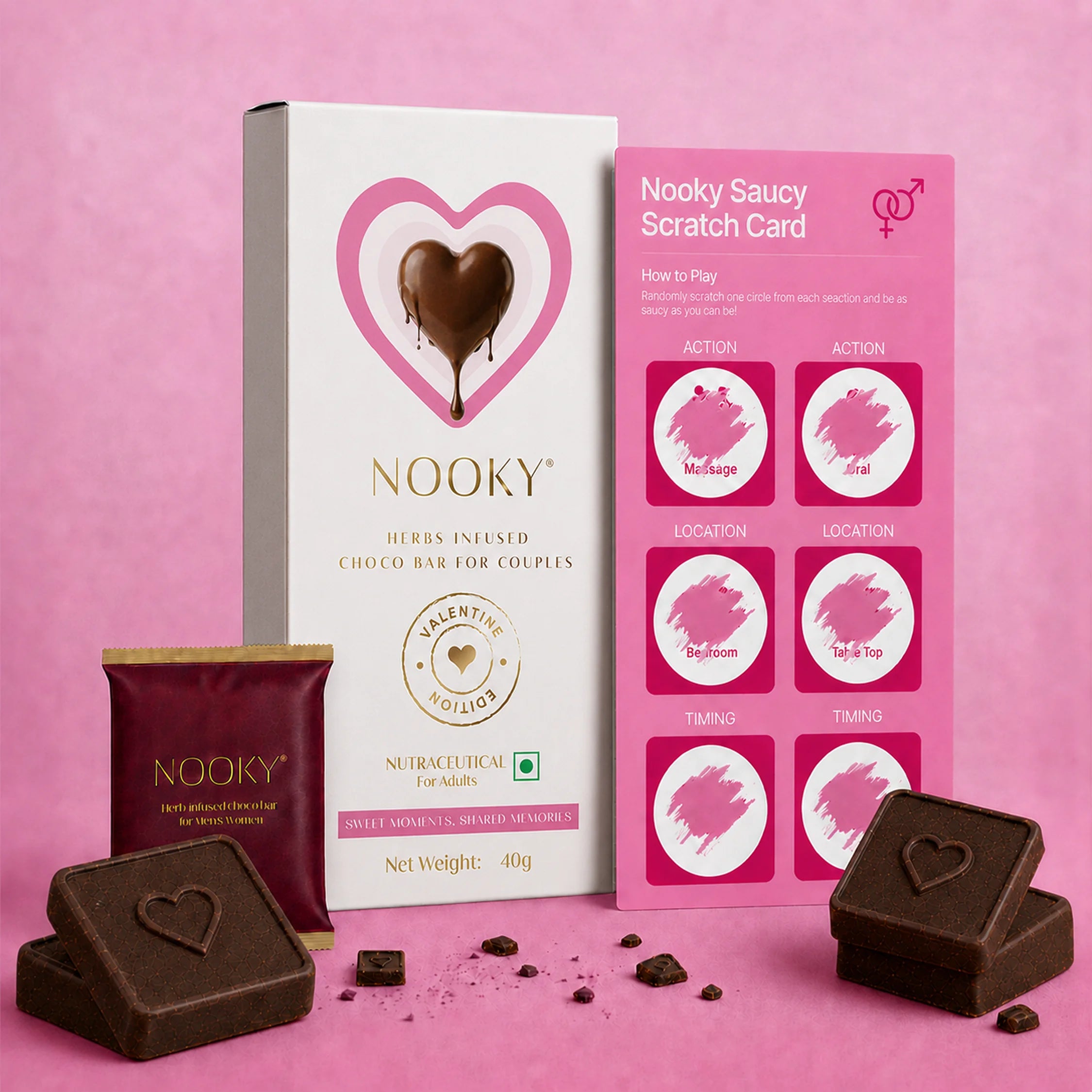 Nooky Valentine Edition Gift kit | Herb Infused Choco Bar for Couples + Saucy Cards