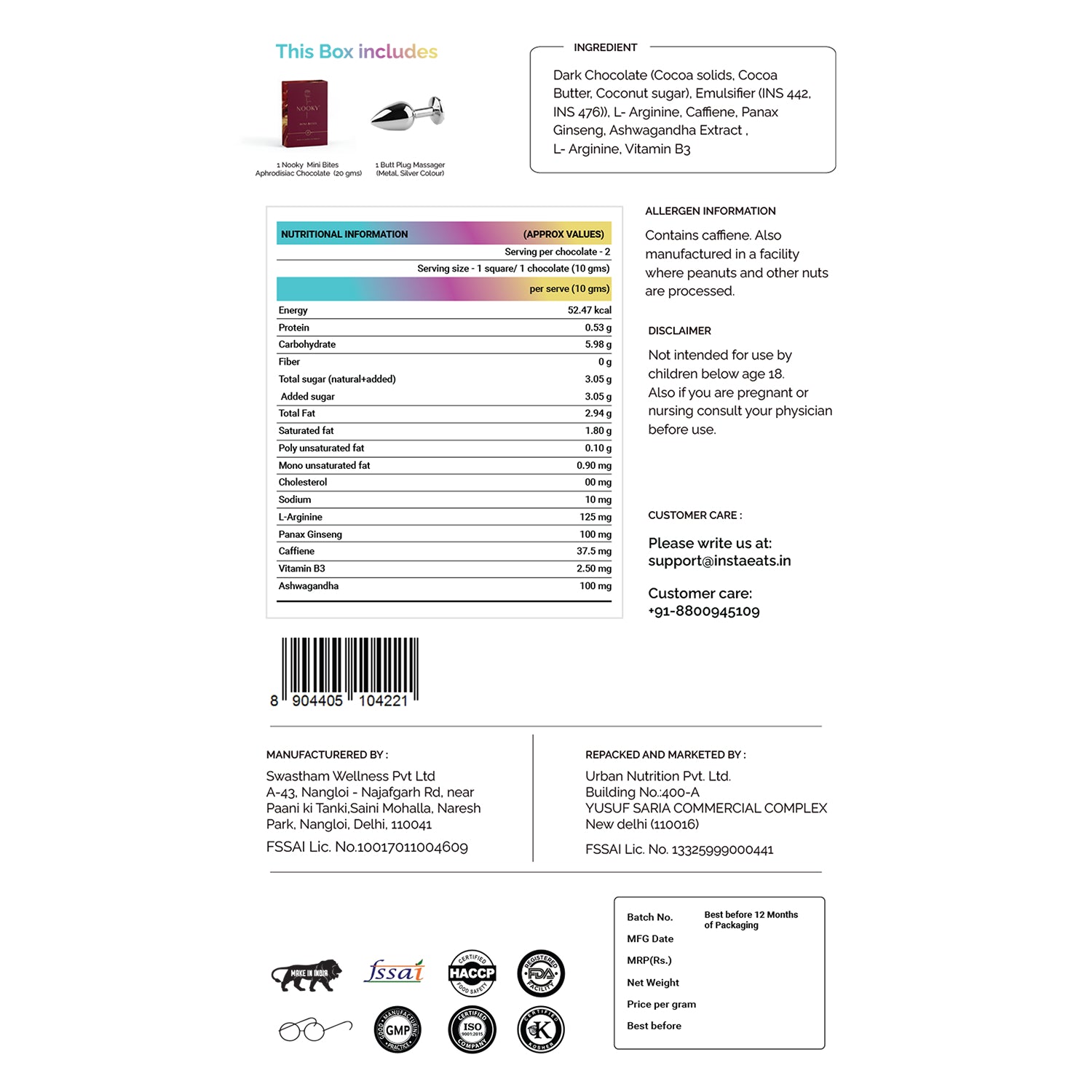 Nooky Tempt 2-in-1 Play Kit | Keystone Butt Plug for Couples + Mini Bite Herb Infused Choco Bar for Men & Women